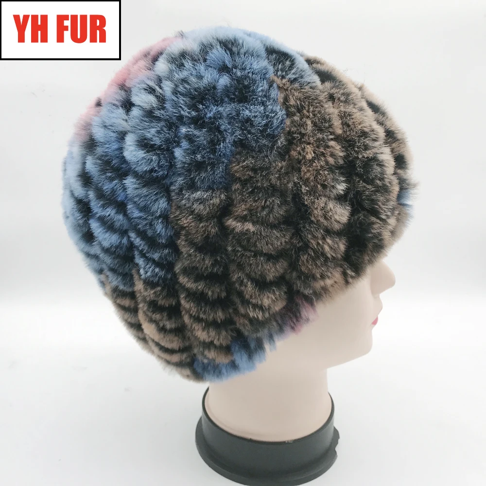 

Natural Real Rex Rabbit Fur Beanies Hats Women Knitted Striped Rex Rabbit Fur Hat Lady Winter Warm Real Fur Cap Wholesale Retail