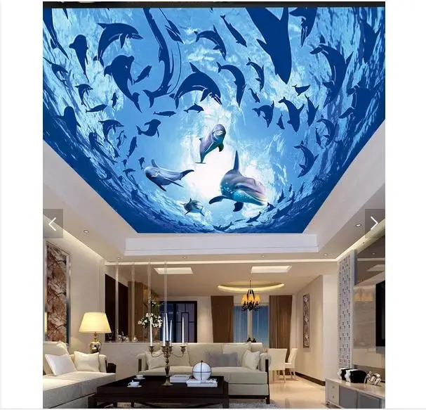 

Custom 3d wallpaper 3d wall ceiling wallpaper Ocean dolphin stereo ceiling frescoes on the floor 3d living room photo wallpaper