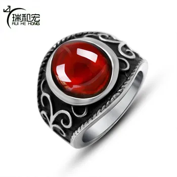 

Royal Magic Red Garnet Ring Vintage Black Titanium Steel Sculpture Pattern Rings for Women Men Punk Style Jewelry Wholesale