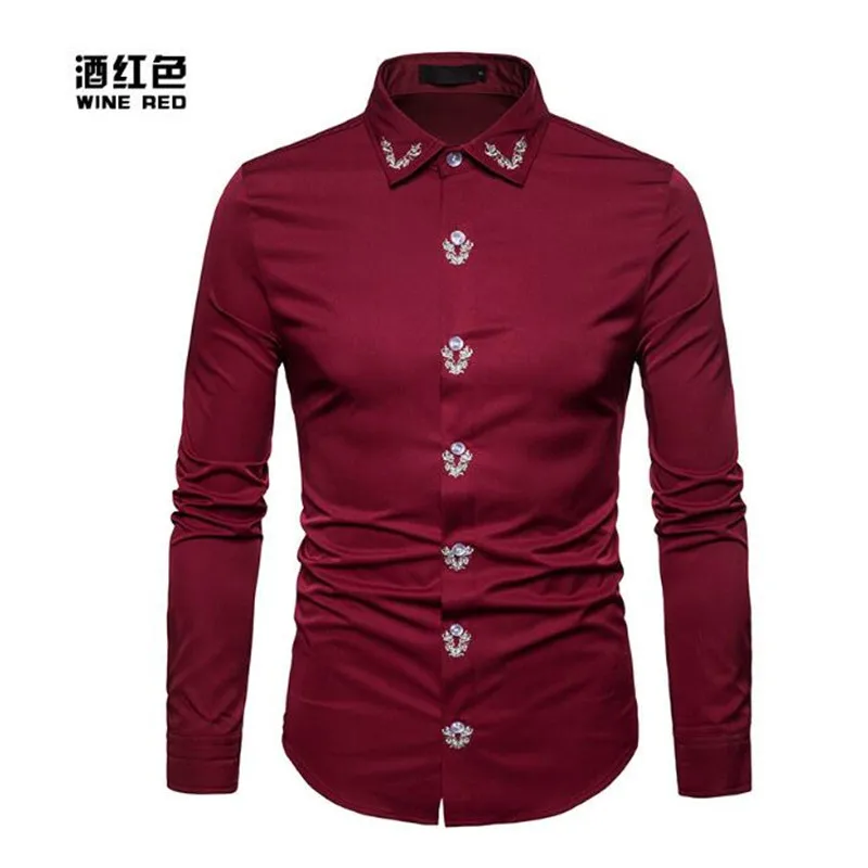 7-1          Spring new European and American men's embroidery men's long-sleeved shirt fashion trend Slim shirt
