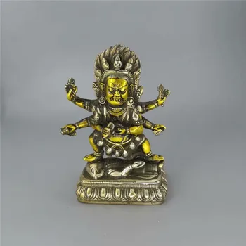 

free shipping Tibetan Silver Gilt Bronze Skull 6 Arms Mahakala Buddha Statue Elephant