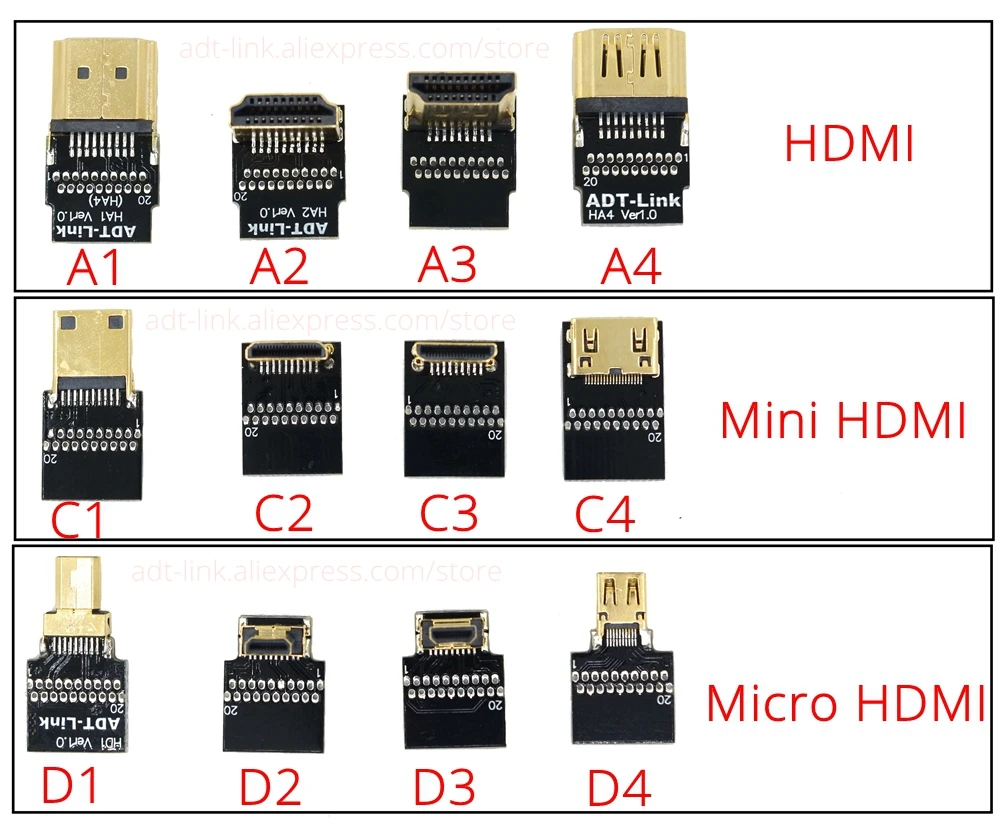 Micro-HDMI Type-D Mini-HDMI Type-C HDMI 2.0 Type-A Connector Converter Adapter Cable Left & Right & Up & Down Angle 4Kx2K@60Hz 