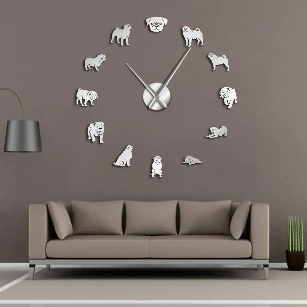 

Pug a Licious Pug Dog DIY Giant Wall Clock Dog Breeds Mirror Effect Wall Art Pet Shop Decorative Wall Watch Gift For Pug Lovers