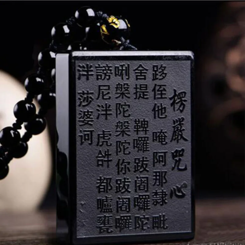 

Drop Shipping Natural Black Obsidian Pendant Buddhist Scriptures Pendant Lucky Amulet Pendant Necklace women men Jewelry