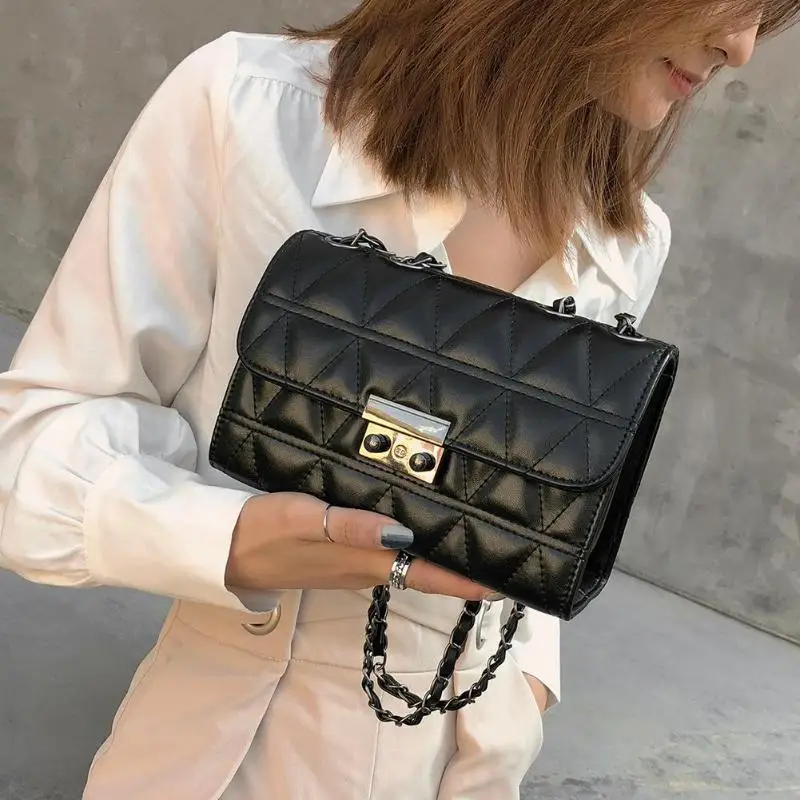

2018 Fashion Black Women Shoulder Bags Female Party Crossbody Chain Bag Plaid Handbag Quilted Main Femme Ladies Leather Handbags