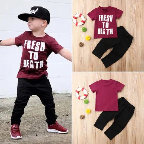 

Pudcoco Fashion Summer 2Pcs Kids Baby Boy Tops Short Sleeve T-shirt Black Long Pants Children Casual Outfits Clothes Infant 1-6Y