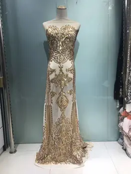 

New arrivals french mesh gold sequin fabric african sequins lace fabric for wedding dress tulle lace fabric