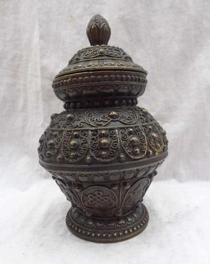 

S4945 9" Tibet Bronze 8 Auspicious Symbol Statue Tibetan Style Buddhism Flower Box Pot D0318