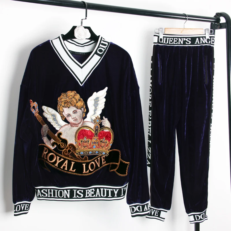 

Luxury Design Spring Fall Celebrity Style Runway Embroidery Pants Suit Loose Blouse Slim Trouser Letter Velvet Two Pieces Set
