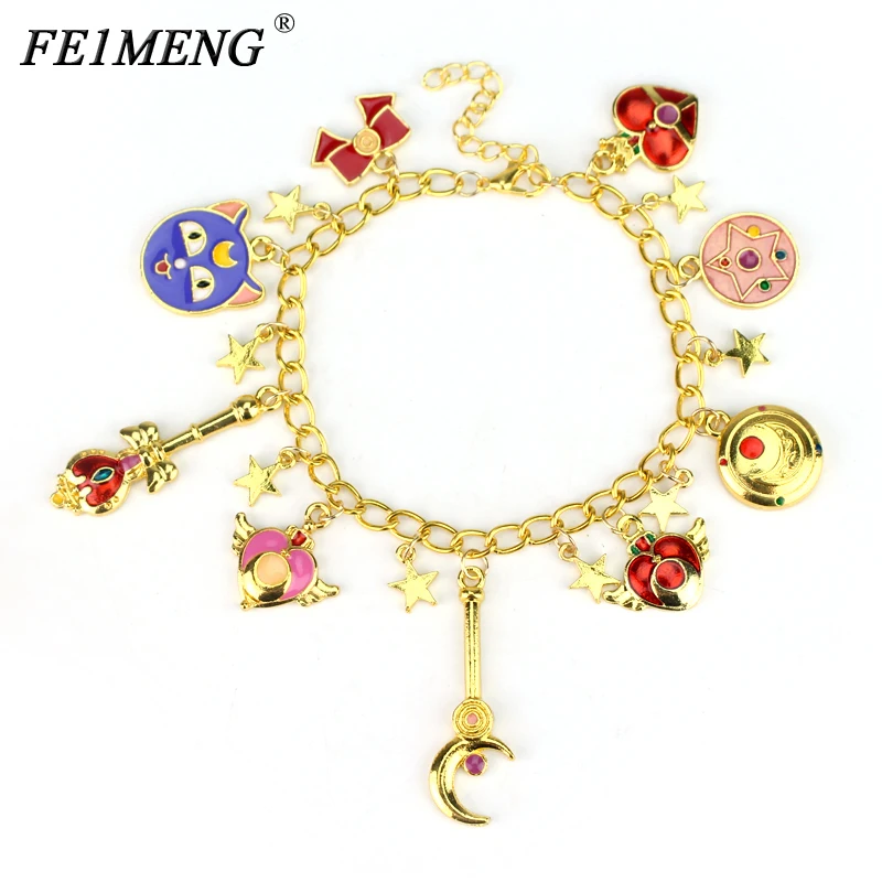 

Sweet Anime Sailor Moon Charm Bracelet Luna Cat Bowknot Pentacle Stars Enamel Accessories Bracelets For Women Fashion Jewelry