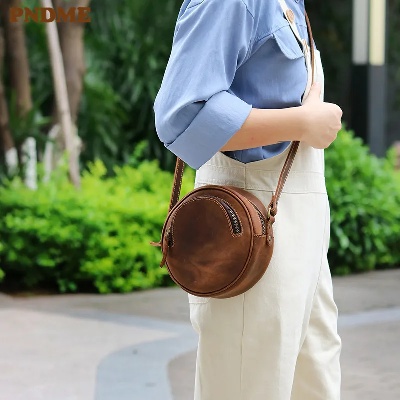 

PNDME vintage round genuine leather ladies shoulder bag original handmade cowhide leather brown women's wheel messenger bags