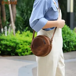 PNDME vintage round genuine leather ladies shoulder bag original handmade cowhide leather brown women's wheel messenger bags PNDME vintage round genuine leather ladies shoulder bag original handmade cowhide leather brown women's wheel messenger bags