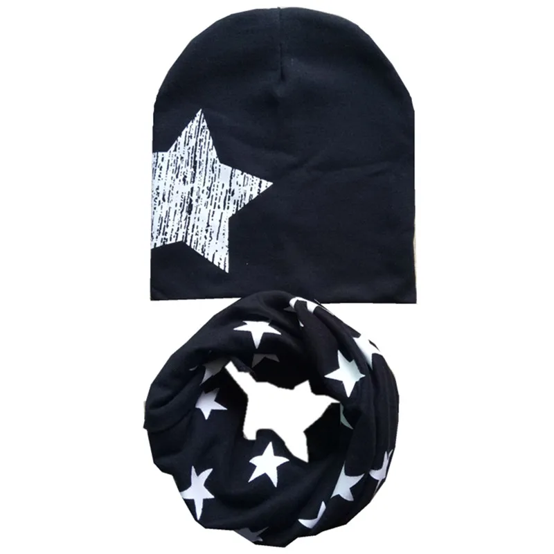 black big star set Новинка; сезон весна-осень-зима; Детский комплект из шапки и шарфа для девочек и мальчиков; Шапка-бини для маленьких девочек; детская шапка и шарф с воротником; - Цвет: black big star set