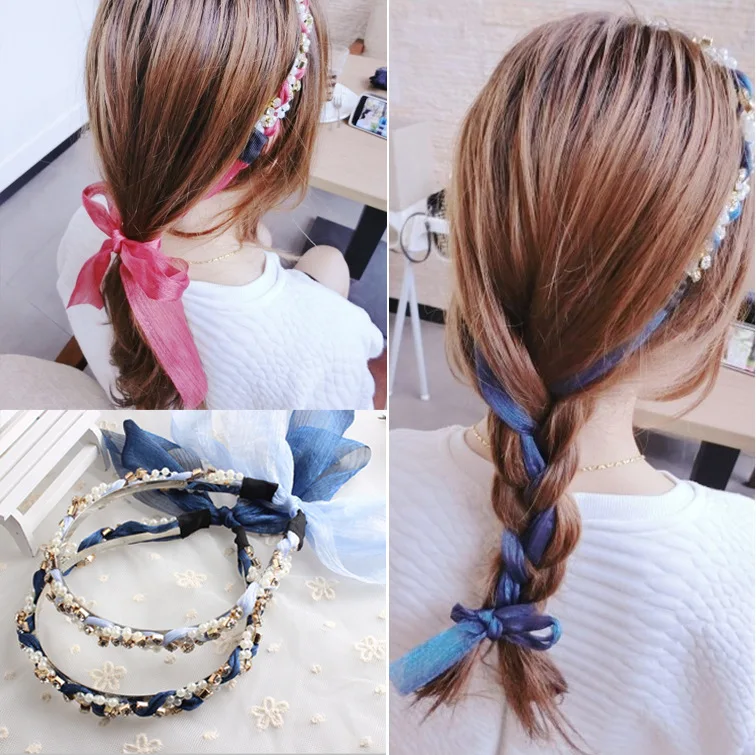 

Pearl Ribbon Flower Headbands For Women Colorful Korea Hair Accessories For Girls Bows Hairbands Knot Hair Bands For Women