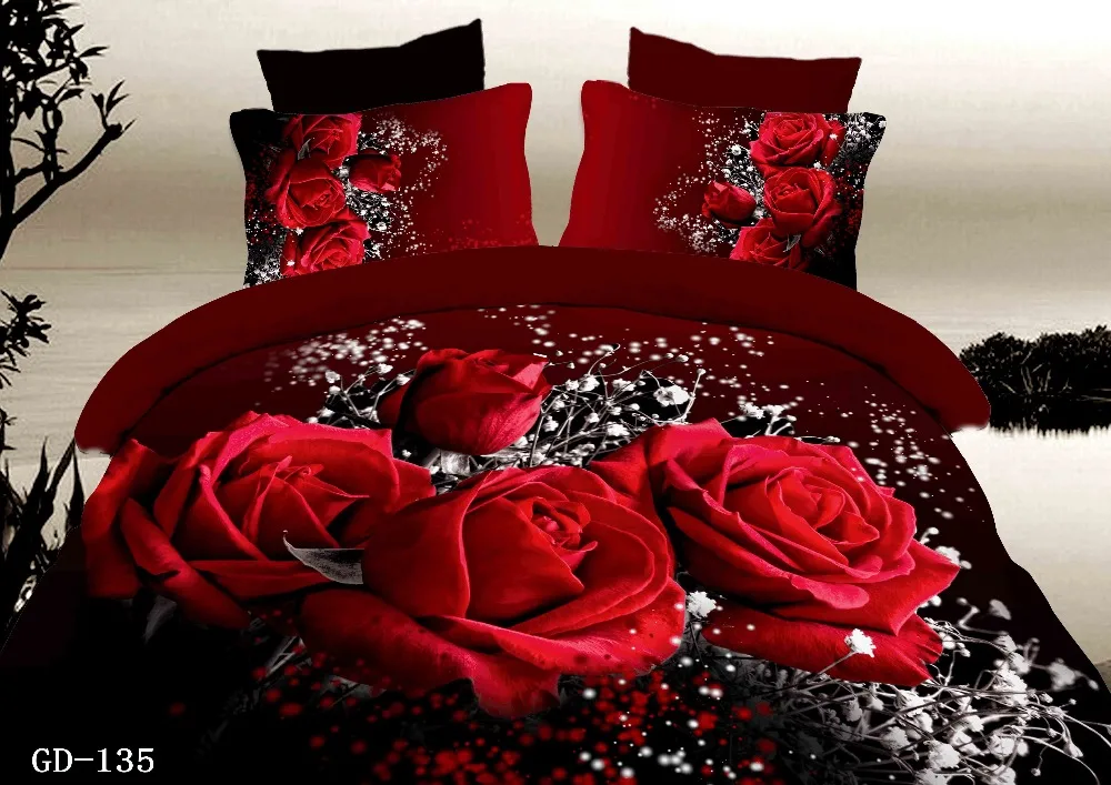 3D Red Rose Bedding set Super King size duvet cover queen full cotton ...