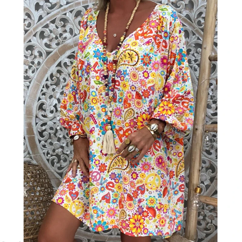 

Womens Short Mini Beach Dress Short Sleeve Casual Loose Floral Print Boho Kaftan Tunic Dresses Gypsy Ethnic Robe Femme