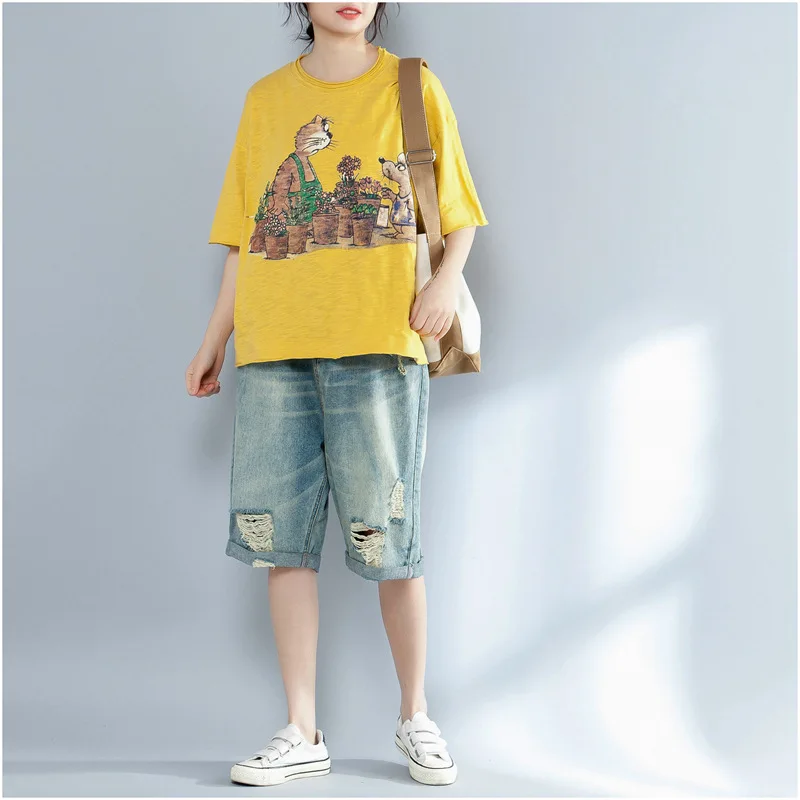 Johnature 2019 женские летние 3 цвета Топы с короткими рукавами мультфильм принт повседневные с круглым вырезом хлопок женские корейские модные