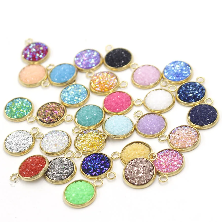 

Fnixtar Gold Color Stainless Steel Glitter Faux Druzy Resin Charm Pendant Colorful Round Charm DIY Jewelry 12mm 12piece/lot