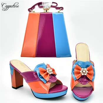 

Beautiful sky blue with orange and fuchsia design high heel slipper shoes and handbag sets for wedding 526-1, heel height 10cm