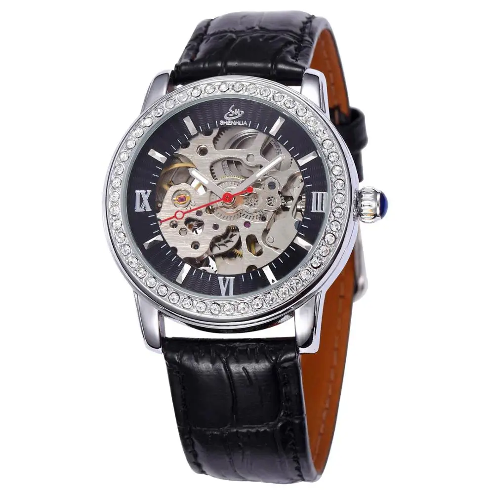 SHENHUA SH механические часы для женщин известный бренд стимпанк Скелет автоматические самоветер часы со стразами часы женские наручные - Цвет: ALL Black