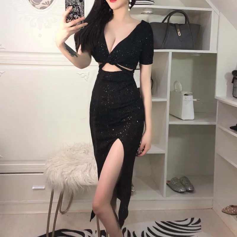 С низким вырезом женское платье с длинным рукавом Bling повязки Клубные вечерние