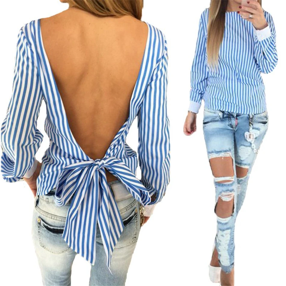 Sexy Backless Striped Loose Women Blouses Shirt O-neck Long Sleeve Blue Pink Tops Tee blusa feminina |