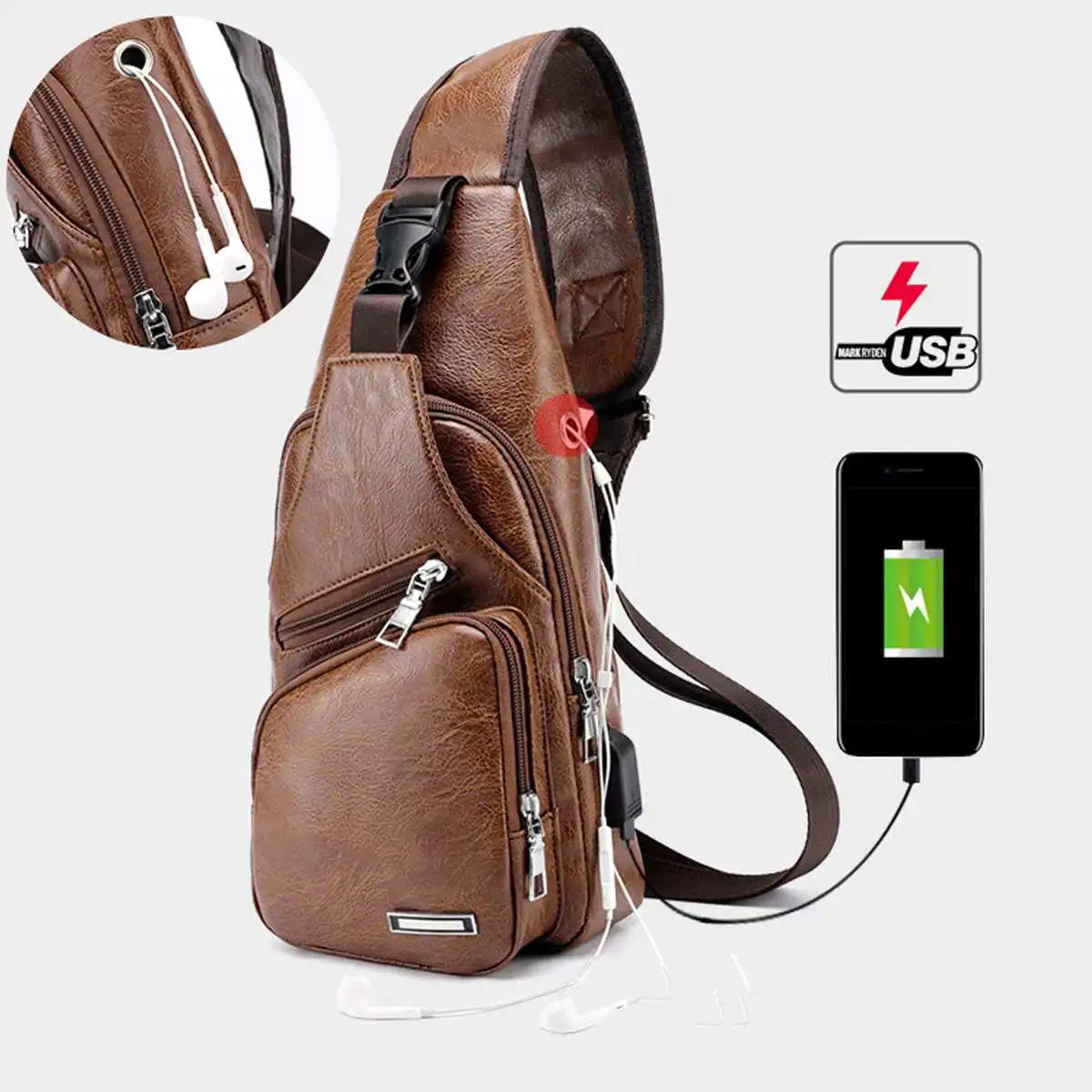  New Men's Chest Bag USB Charging Crossbody Bags PU Leather Shoulder Bag Diagonal Package Back Pack  - 33041395489