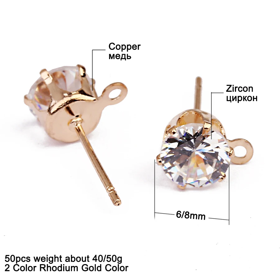 SAUVOO 50pcs Copper Stud Earrings with Hole Gold Rhodium Color Zircon Earring Post for Women DIY Ear Jewelry Making Findings Jewelry Findings