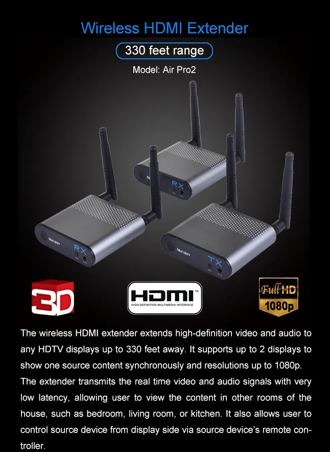 Air Pro беспроводной HDMI Transmitterand приемник для потоковой передачи HD 1080 p 3D видео к HDTV/проектор/Монитор до 100 м/330FT (от 1 до 2)