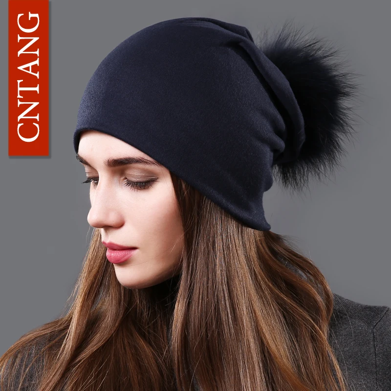 Женская шапка с помпоном из натурального меха енота Осень зима|caps for women|raccoon fur pompom