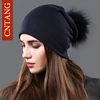 CNTANG Female Natural Raccoon Fur Pompom Hats Beanies Autumn Winter Warm Solid Caps For Women Fashion Cotton Skullies Thin Hat 3