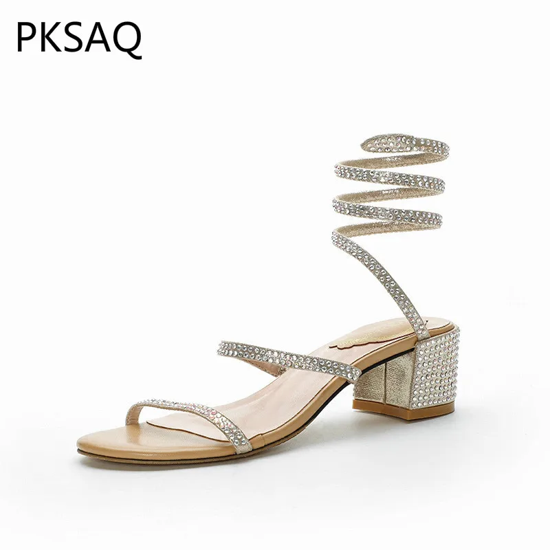 

Summer Women Roman Style Model Show High Heels Shoes Rhinestones Winding Lady Party Sandals Boots Sweet Square Heel Shoes
