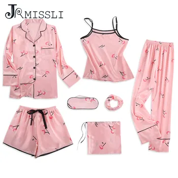 

JRMISSLI Cherry Print Women Pajamas V-Neck Nightdrss+Shots+Long Sleeve Section 7 Piece Pajama Set Female Summer Sleepwear
