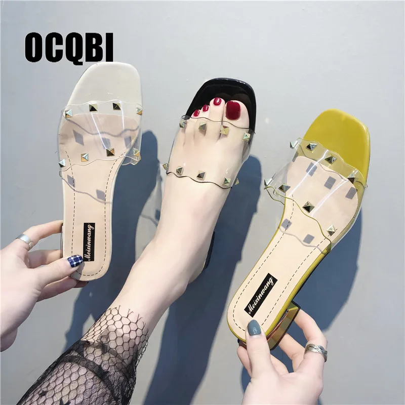 

Concise Women's Mules Sandals 2019 Summer Thick Heel Women Slippers Open Toe Beach Slides Slip On Clear PVC Rivet Slides Shoes