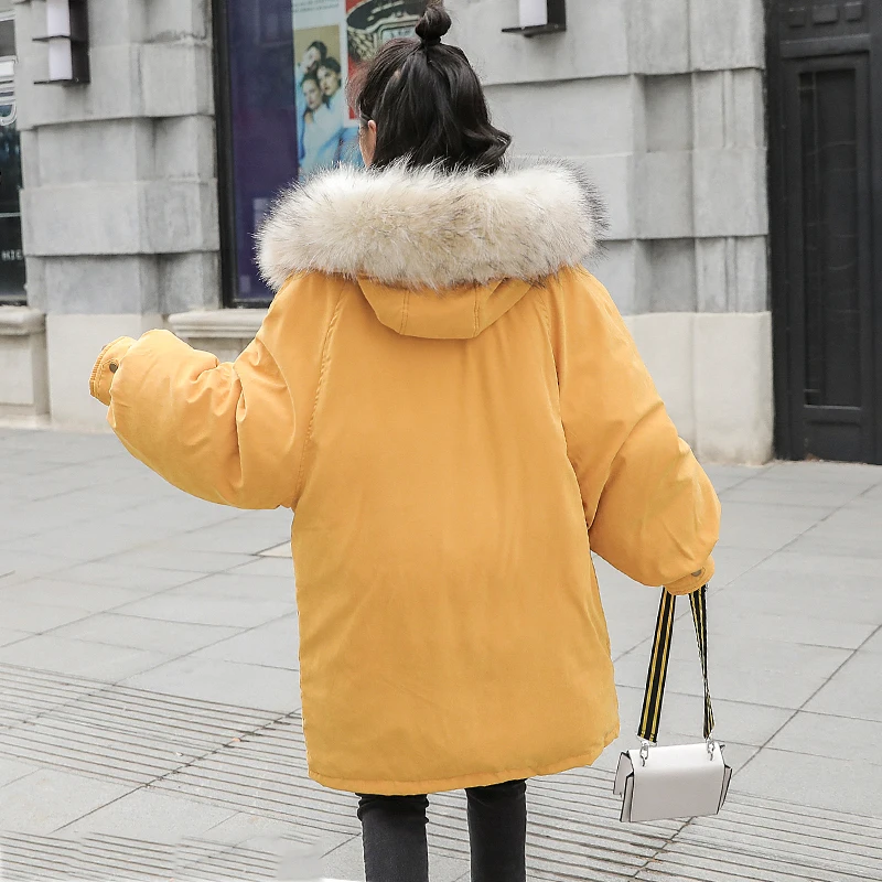 Модная женская зимняя куртка большого размера с меховым капюшоном, женская зимняя парка, длинная теплая плотная Женская куртка с двумя большими карманами