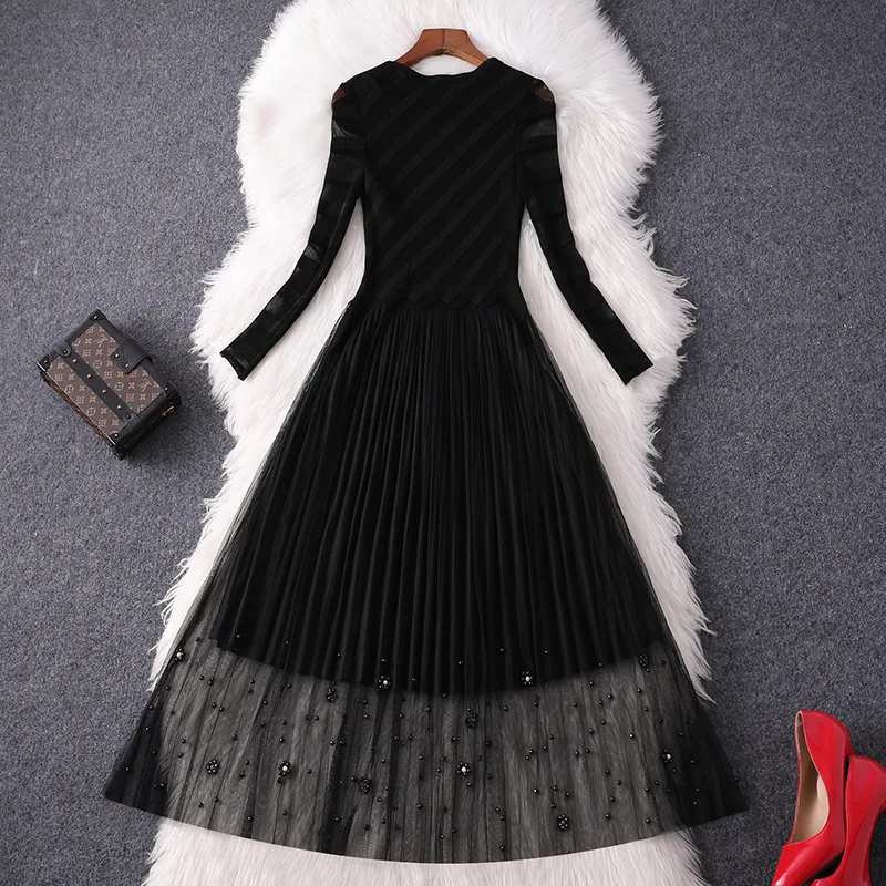 Высокое качество взлетно-посадочной полосы дизайнерское летнее платье Для женщин элегантное платье с длинными рукавами и Бисер прозрачные черные сексуальные фатиновые вечерние платья XXL