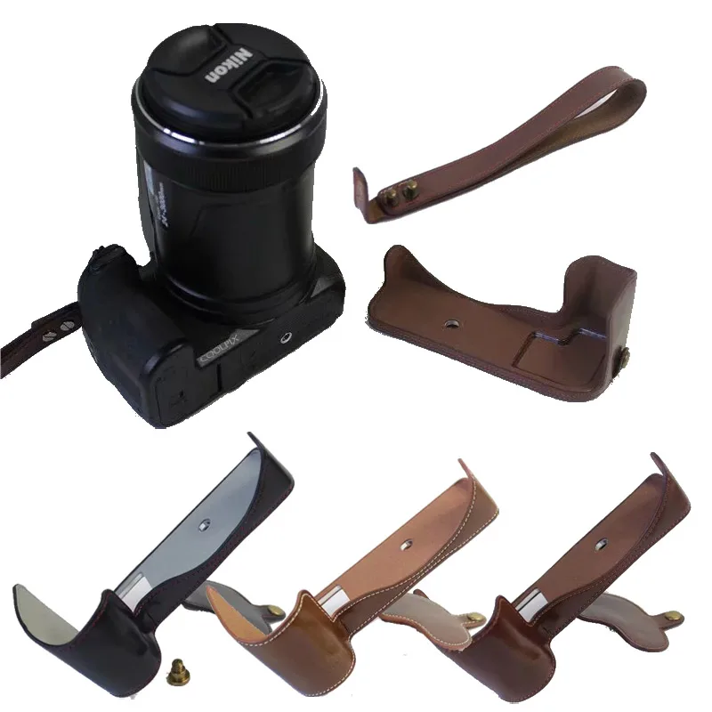 

New Retro PU Leather Camera Bag Case Half Body Cover Wrist strap For Nikon P1000 Camera Bottom Case
