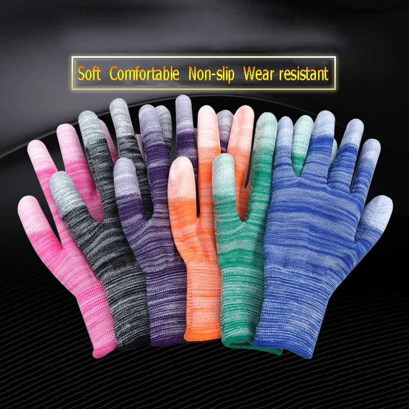 

Thin PU Finger Glue Working Gloves Wear Non-slip Anti-static Labor Protection Nylon Yarn Gloves 12 Pairs