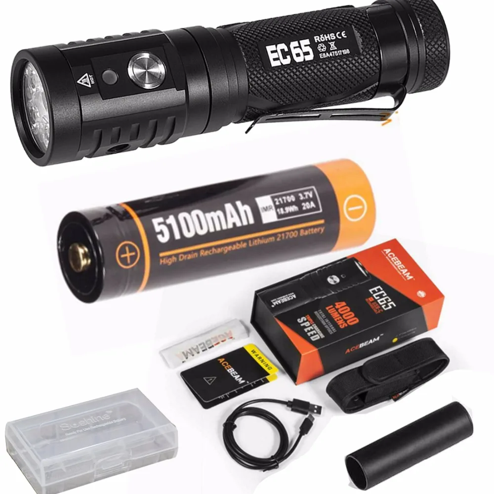 

ACEBEAM EC65 Tactical Flashlight XHP35 HI NICHIA 4x 90+ CRI LEDs max 4000LM beam throw 258 meter torch + 21700 5100mAh battery
