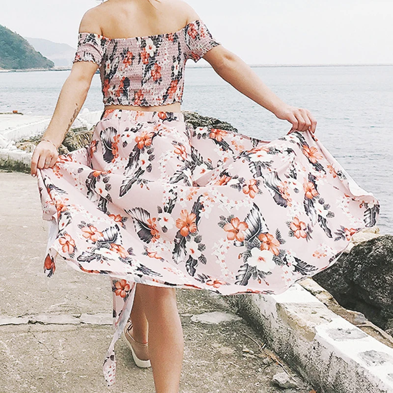 off the shoulder crop top and maxi skirt