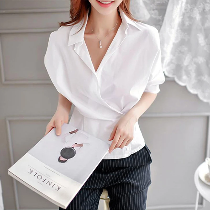  2019 New Autumn Fashion Women Shirts Batwing Sleeve V-Neck 3499 Ol Cross Deep Tunic Blouse Shirt Wh