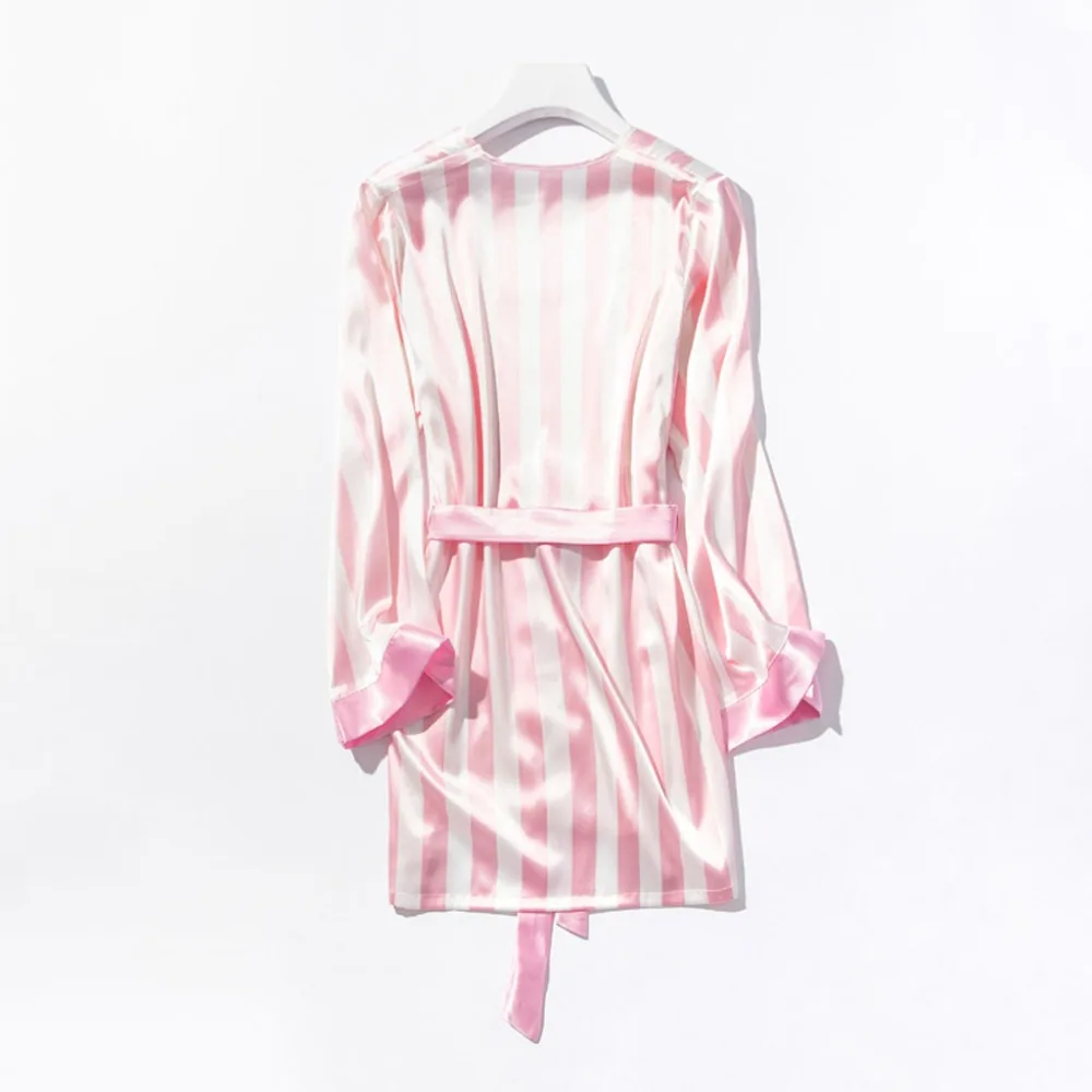 Женская сексуальная шелковая полосатая пижама ночная рубашка Длинные брюки Ночное белье 3 шт. комплект нижнего белья сексуальный халат пижама ночная рубашка J72