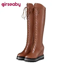Girseaby/качественные женские высокие сапоги из натуральной кожи на платформе со шнуровкой; зимняя теплая обувь на танкетке; женские высокие сапоги; A780c