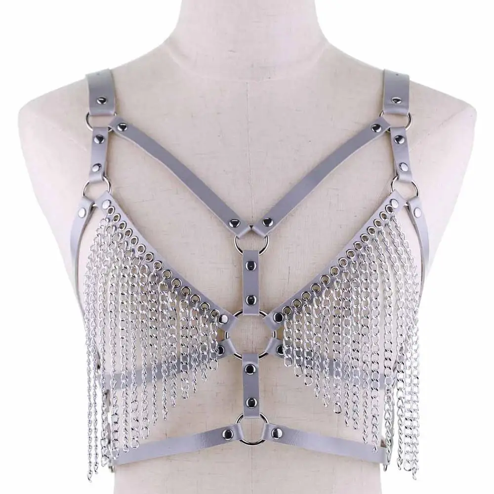 New Sexy pu Leather chain Harness Body bra chain Belt punk sexy chain top women body jewelry festival Fashion Jewelry - Окраска металла: white