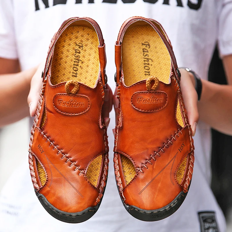 

Comfortable Summer Slip on Men' Sandals Fashion Leather Sandals Men Sandalias Hombre Deportivas Beach Chaussure Homme Large Size