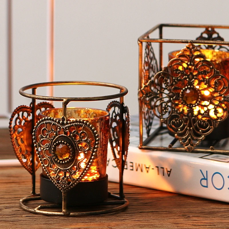 PINNY Bohemian Retro Gemstone Candlestick New Classical Metal Glass Candle Holder Home Decoration Accessories Vintage Lantern | Дом и сад