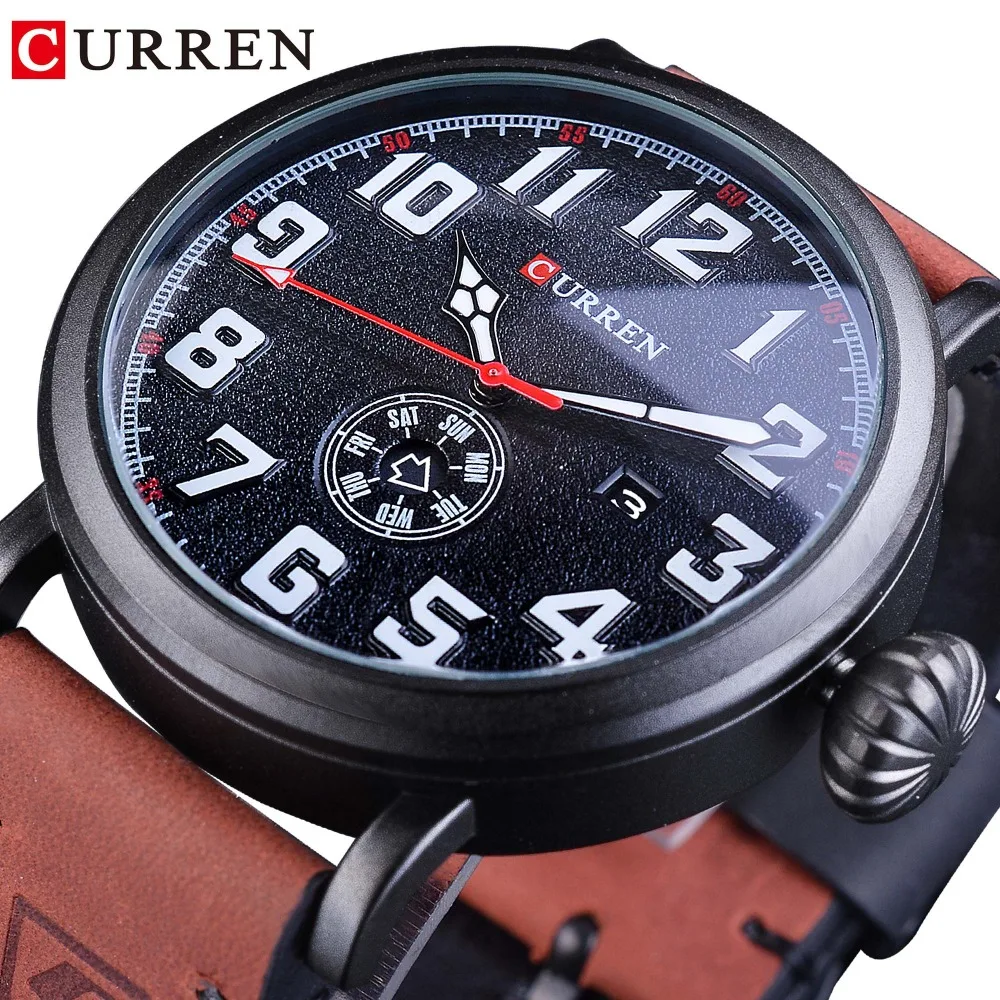 Beste CURREN Deur Sport Ontwerp Kalender Week Display Rood Lederen Riem Heren Horloges Topmerk Luxe Quartz Sport Horloges