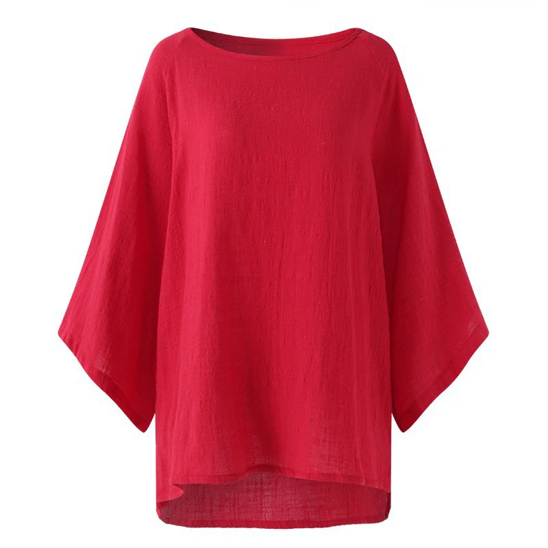 Cotton Linen Casual O-Neck Long Loose Sleeve Blouse Ladies 2018 Women Oversize Batwing Sleeve Tops Loose Solid Blouse Plus Size