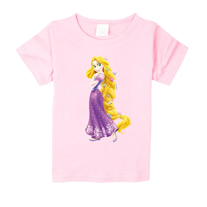Новинка года; Детские футболки принцессы с короткими рукавами и длинными волосами; летняя хлопковая Футболка с принтом для девочек; топы; детская футболка - Цвет: pink