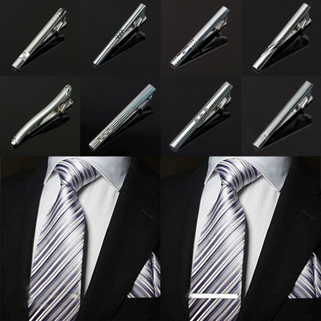 Men Tie Clips Stainless Steel Diamante Tie Clips Pin Clasp Toned